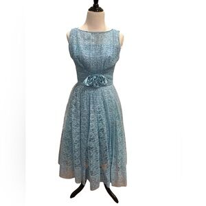 UNION MADE Vintage Blue Lace Dress W/Rose at waist- from the 1950’s  Size VTG. 9